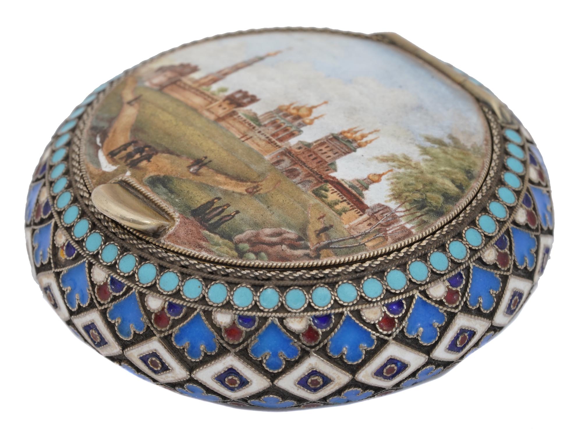 RUSSIAN HAND PAINTED SILVER AND ENAMEL TRINKET BOX PIC-1